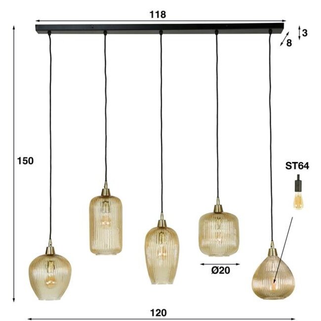 Hanglamp Amber Glas Metaal - Stripe 5-lichts