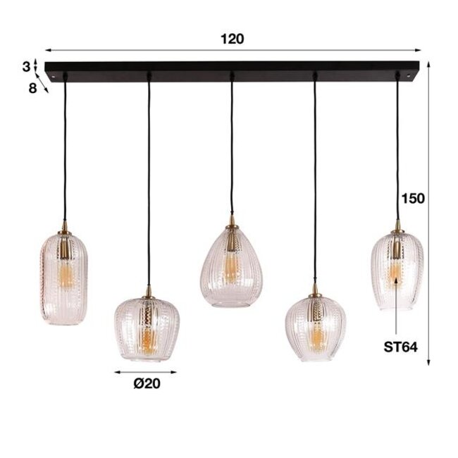Hanglamp Diamant Glas Metaal 5 Lichtpunten - Grain