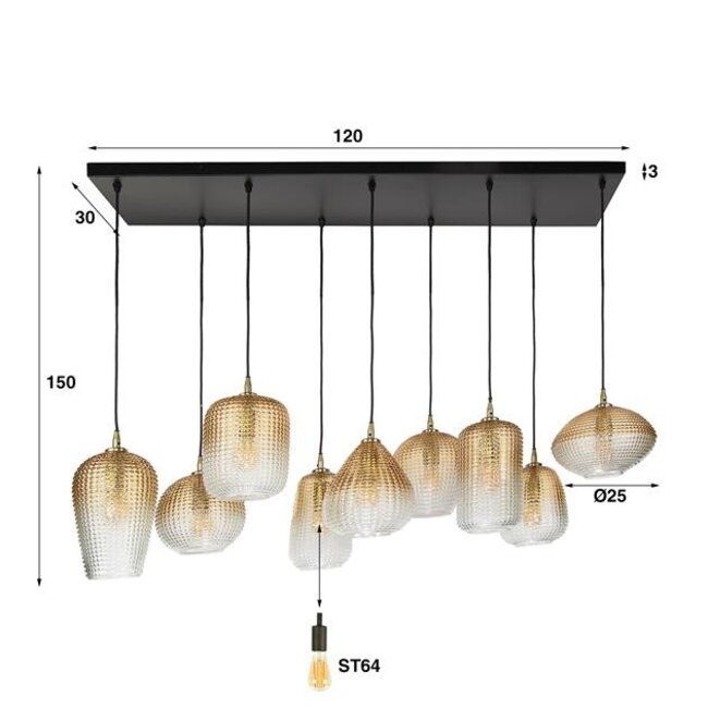 Hanglamp Amber Glas Metaal 9 Lichtpunten - Dot