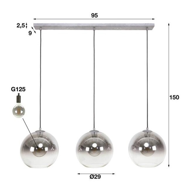 PS-Collection Bubble Shaded 3L Hanglamp - 115x30x150cm - Oud Zilver - Glas/Metaal