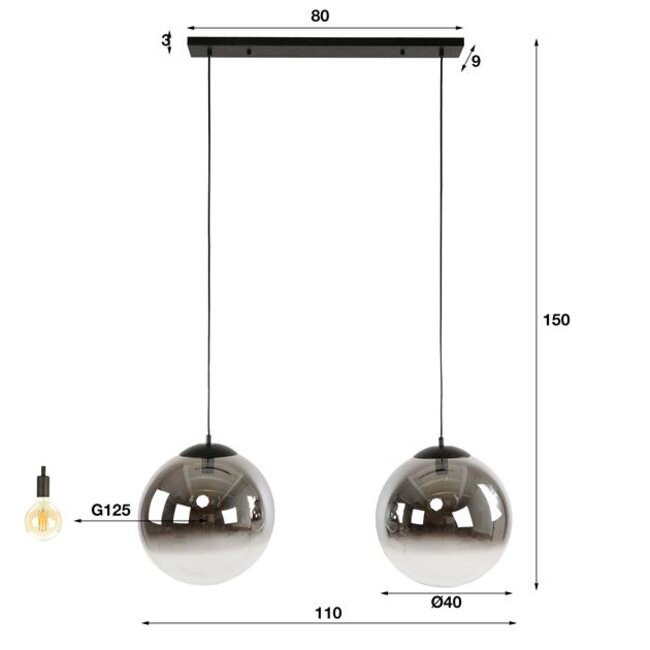 Bubble Shaded XL 2L Hanglamp - 110x40x150cm - Zwart - Glas/Metaal