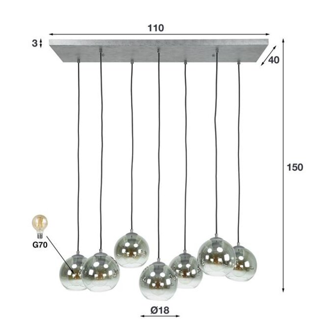 PS-Collection Bubble Shaded Hanglamp - 40x110x150cm - Oud Zilver - Glas/Metaal