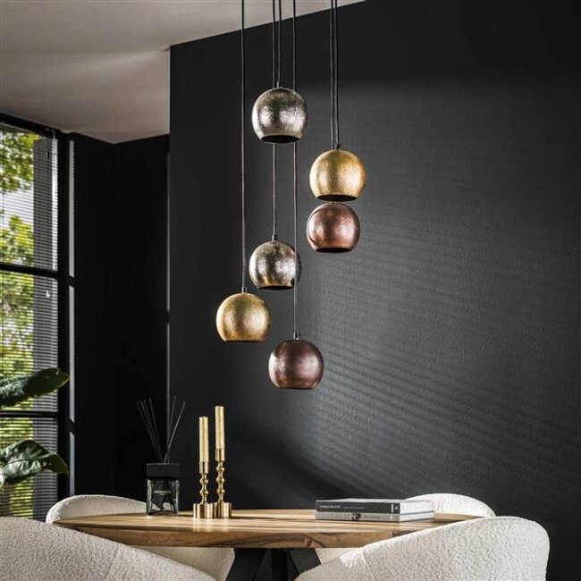 Getrapte Print 6x Bol Hanglamp - 40x150cm - Mat Nikkel - Metaal