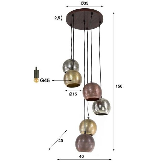 Getrapte Print 6x Bol Hanglamp - 40x150cm - Mat Nikkel - Metaal
