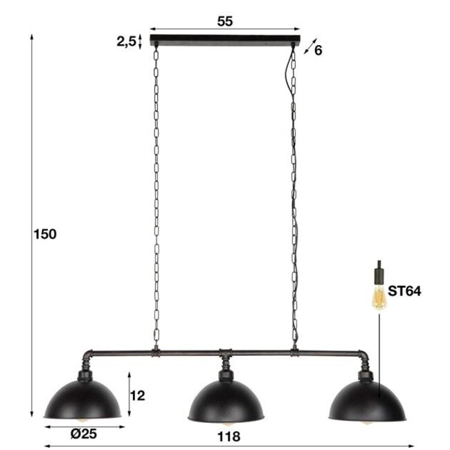 Hanglamp Zwart Metaal 3-lichts - Industrial Tube
