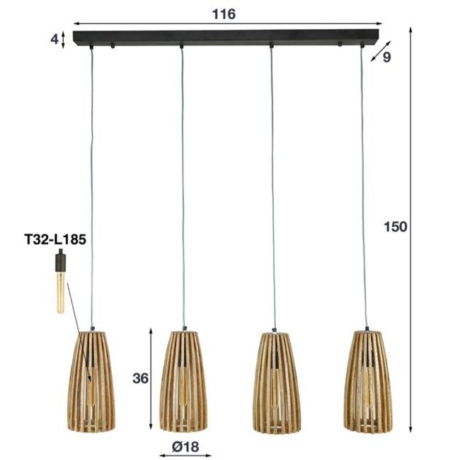 PS-Collection Launch 4L Hanglamp - 135x20x150cm - Naturel - Mangohout