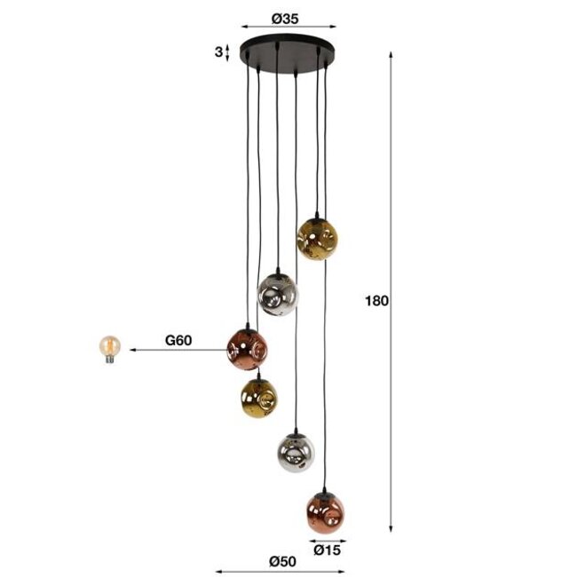 Stellar 6L Hanglamp - 50x50x180cm - Zwart - Glas/Metaal