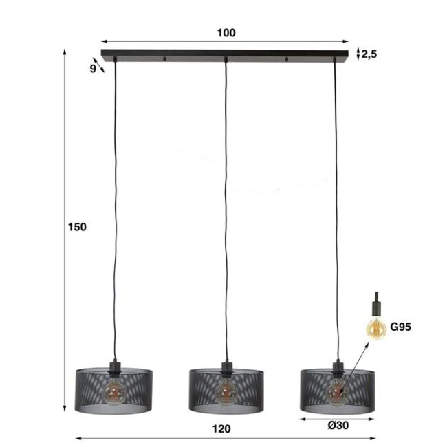 Hanglamp Metaal Zwart 3 Lichts - Mesh Round
