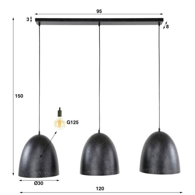 PS-Collection Kosmos 3L Hanglamp - 125x30x150cm - Zwart - Metaal