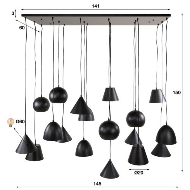 Metalen Kap XXL 18L Hanglamp - 145x60x150 cm - Zwart