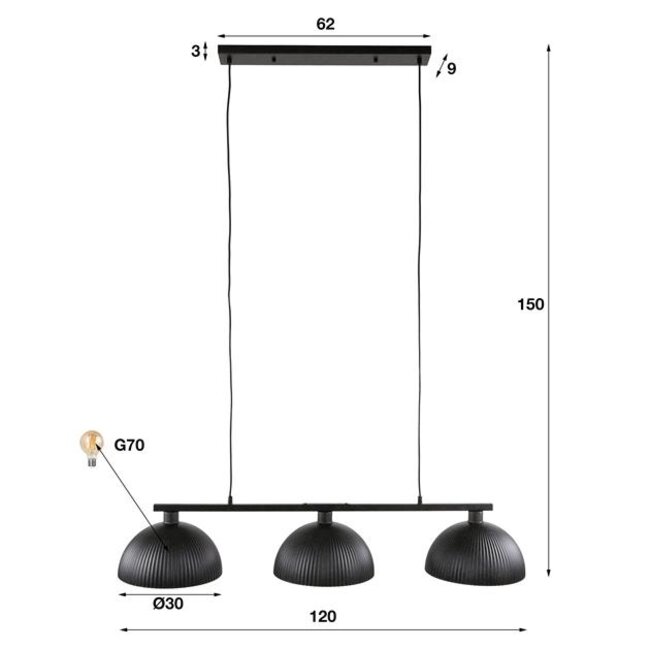 Halfronde Ribbel Kap 3L Hanglamp - 120x30x150 cm - Zwart - Metaal