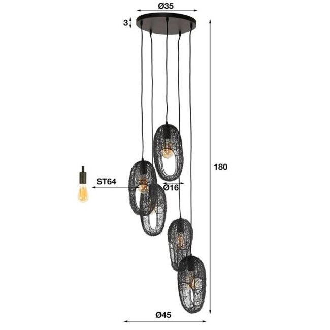 PS-Collection Open Oog Wire 5L Hanglamp - Ø45x180 cm - Zwart - Metaal