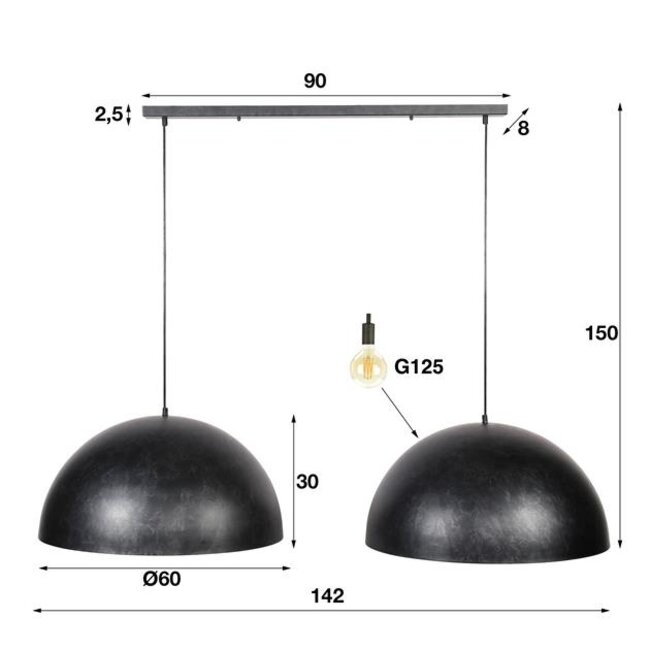 Hanglamp Charcoal Metaal 2-lichts - Dome Ø60cm