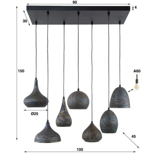 Hanglamp Zwart Bruin Metaal 7-lichts - Punch Mix
