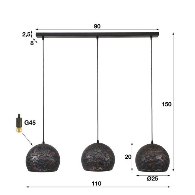 Hanglamp Zwart Bruin Metaal 3 Lichtpunten - Punch Orb
