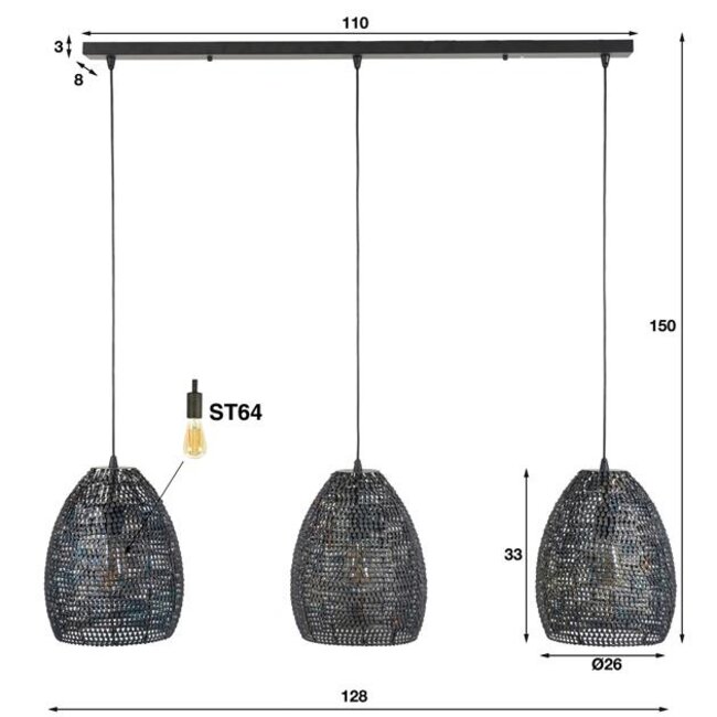PS-Collection Armor Ovaal 3L Hanglamp - Ø26 cm - Zwart/Bruin - Metaal