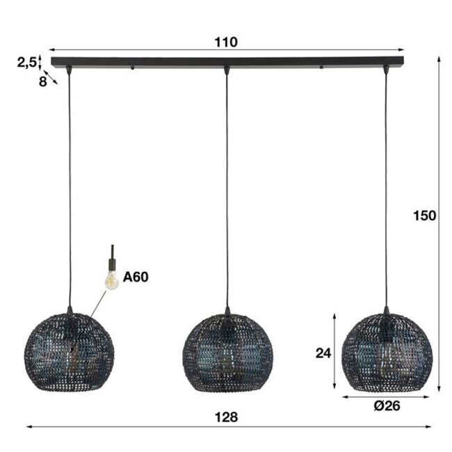 Hanglamp Metaal Zwart Bruin 3 Lichtpunten - Armor
