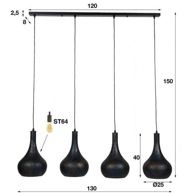 Hanglamp Zwart Bruin Metaal - 4 Lichtpunten Punch Kegel