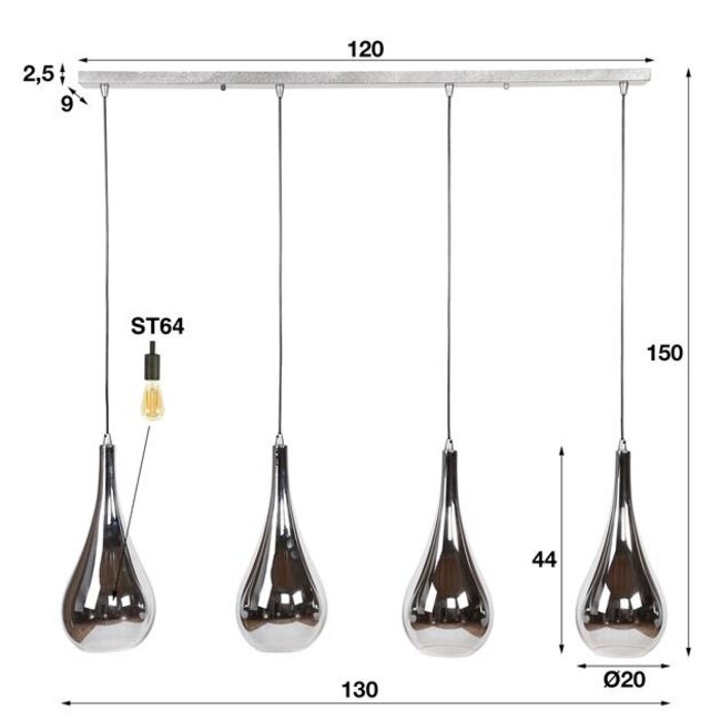 PS-Collection Silver Drop Glass 4L Hanglamp -130x20x150cm - Chromed Glas