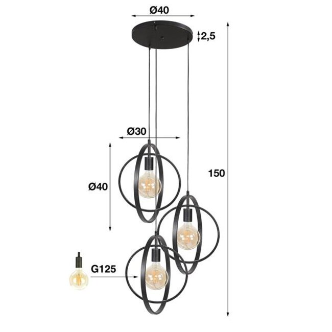 Hanglamp Charcoal Metaal - 3 Lichts Getrapt Turn Around