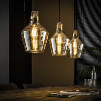 PS-Collection Hanglamp Amber Glas 3 Lichtpunten Oud Zilver - Cone