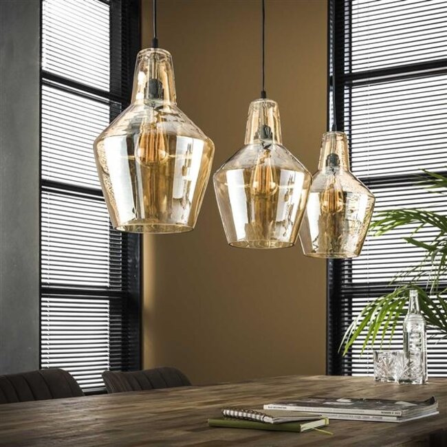 Hanglamp Amber Glas 3 Lichtpunten Oud Zilver - Cone