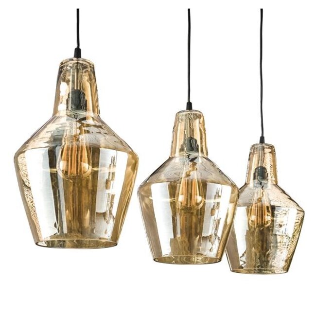 Hanglamp Amber Glas 3 Lichtpunten Oud Zilver - Cone