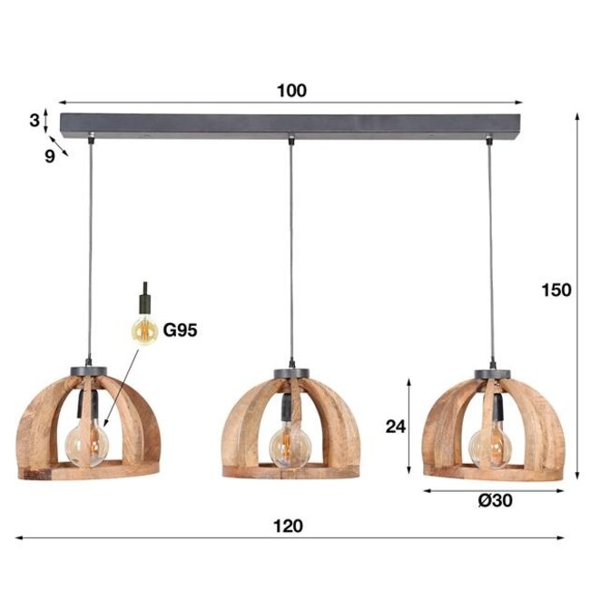Hanglamp Mangohout Naturel - 3 Lichtpunten Orba