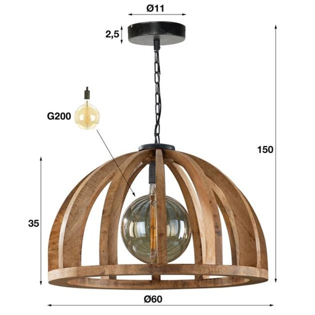 PS-Collection Gebogen Houten Spijlen Hanglamp - Ø60 cm - Naturel Mango