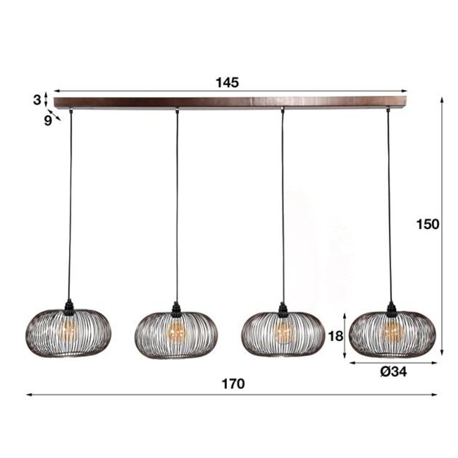 Hanglamp Zwart Nikkel Metaal - 4 Lichts Copper Twist