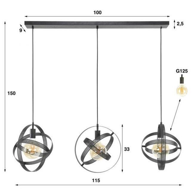 Hanglamp Artic Zwart Metaal 3 Lichtpunten Mesh - Cosmos