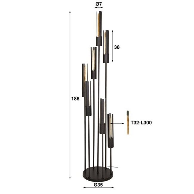 Vloerlamp Artic Zwart Metaal 7 Lichtpunten - Tube