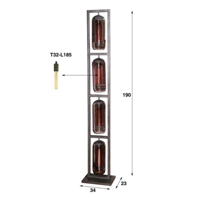 Vloerlamp Zwart Metaal Smoke Glas Tower 4-lichts