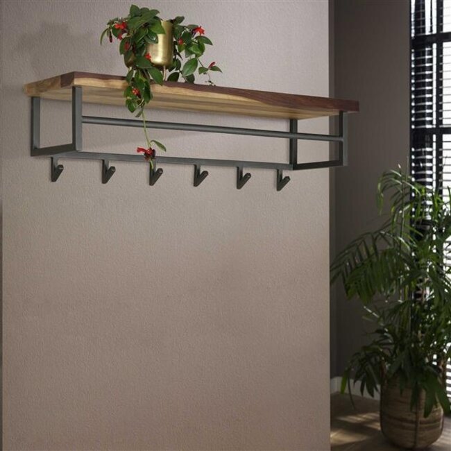 Kapstok 6 Haken Hoedenplank Hout Metaal - Daytona