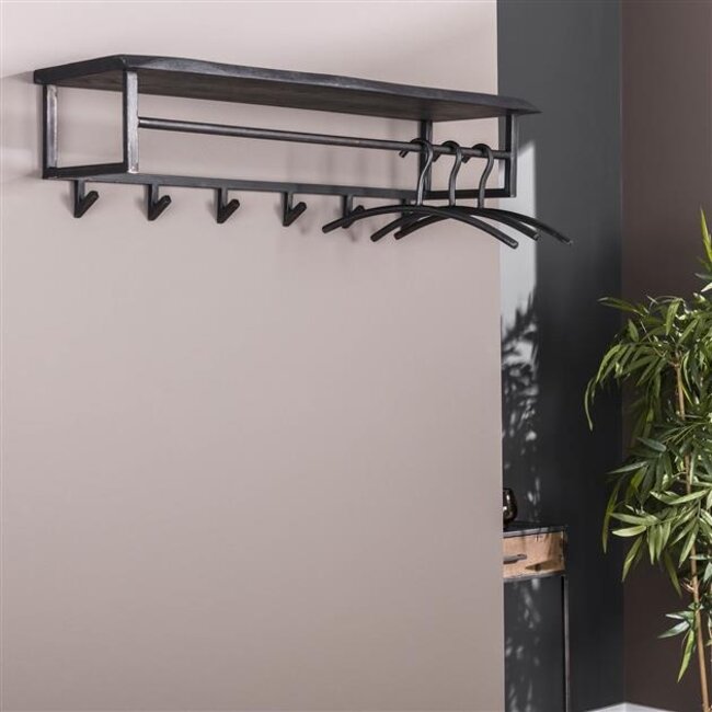 PS-Collection Yucon 6 Haken Kapstok - 100x30x27cm - Zwart - Acacia/Metaal