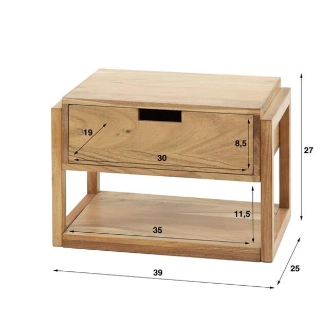 Zwevend Nachtkastje Acaciahout Naturel Frame 1 Lade