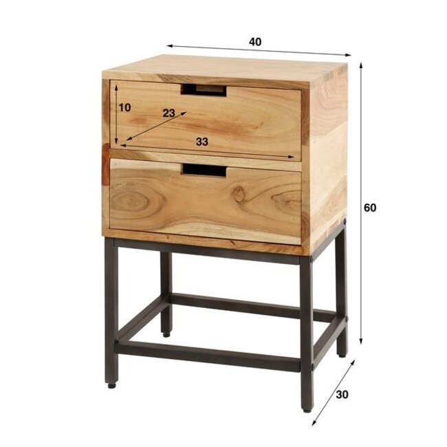 PS-Collection Flat 2 Lade Nachtkastje - 40x30x60cm - Naturel - Acacia