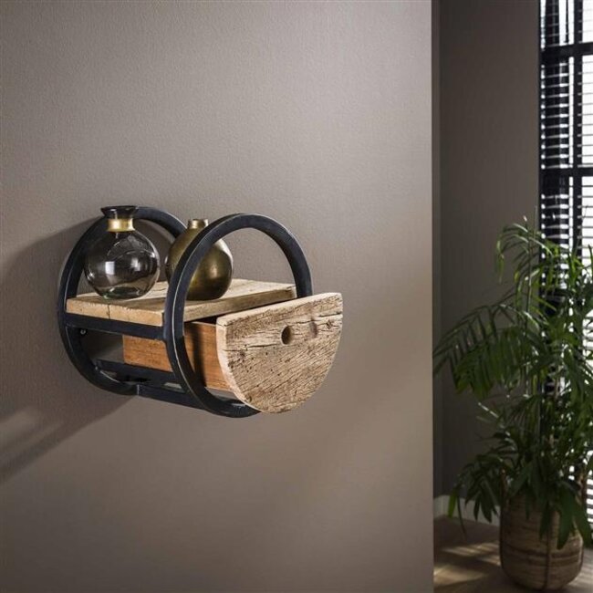 Circular Wandschap met Lade - Ø30x25cm - Bruin - Hout/Metaal