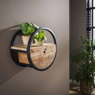 PS-Collection Wandschap Hardhout Metaal Met Lade Circular - Ø40 cm