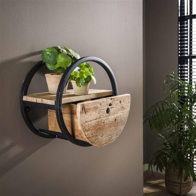 Wandschap Hardhout Metaal Met Lade Circular - Ø40 cm