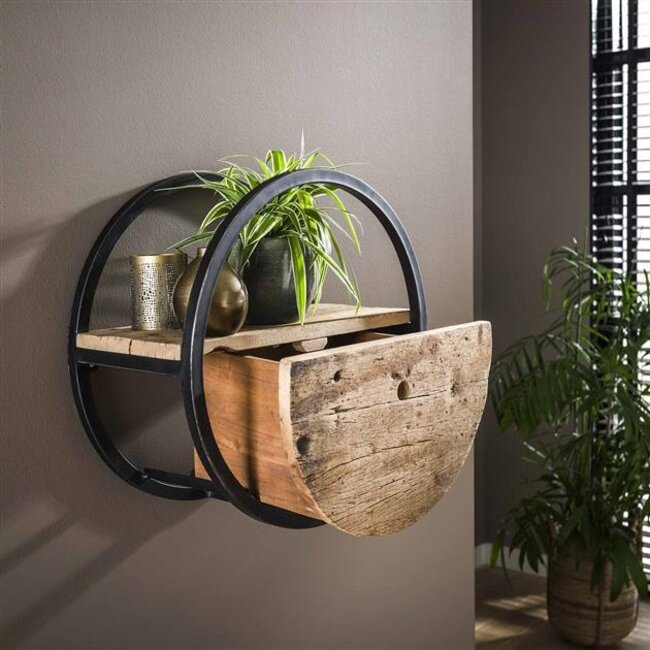 Circular Wandschap met Lade - Ø50x25cm - Bruin - Hout/Metaal