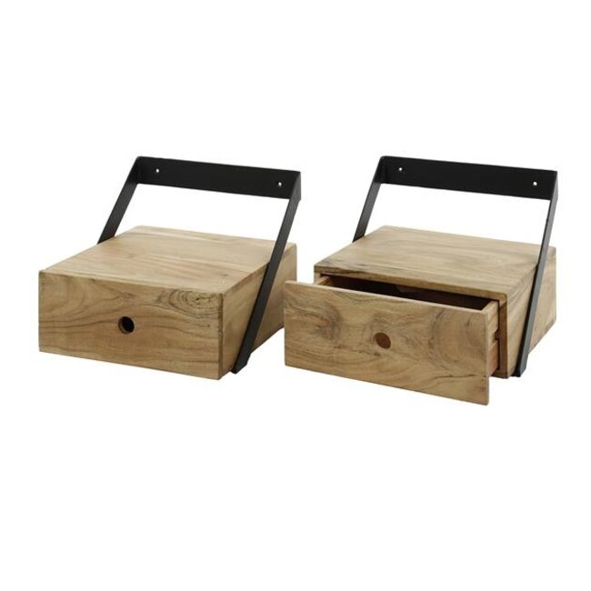 PS-Collection Strip Set van 2 Hangende Nachtkastjes - 30x30x20cm - Naturel - Acacia