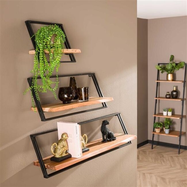 PS-Collection Lean Set/3 Wandplanken - 100x25x30cm - Naturel - Acacia/Metaal