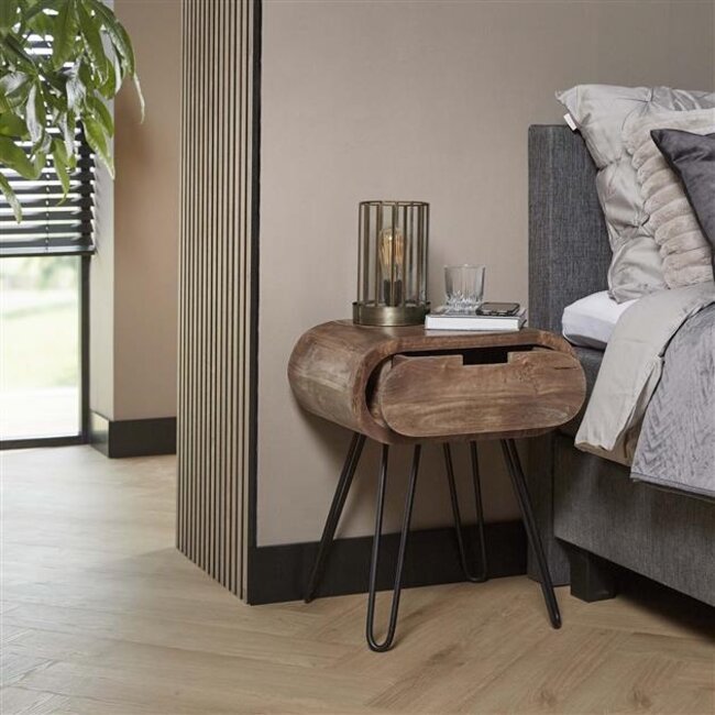 PS-Collection Barrel 1 Lade Nachtkastje - 50x35x60cm - Zandkleur - Mango/Metaal