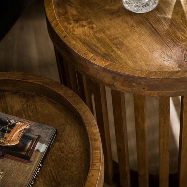 PS-Collection Tweak Set/2 Bijzettafels - ø47/ø36x45cm - Zandkleur - Mangohout