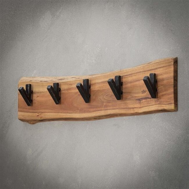 PS-Collection Edge 5 Haken Kapstok - 60x9x15 cm - Naturel - Acacia/Metaal