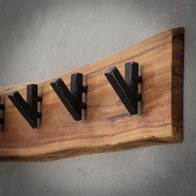 PS-Collection Edge 5 Haken Kapstok - 60x9x15 cm - Naturel - Acacia/Metaal