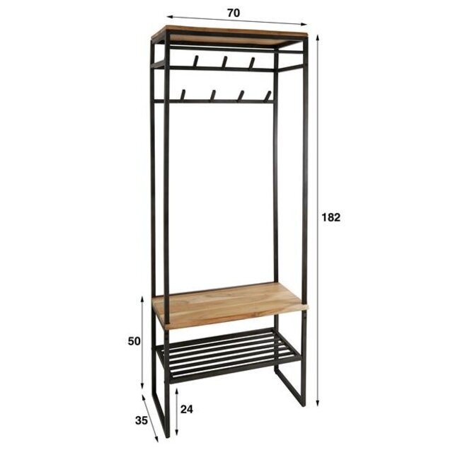 PS-Collection Edge Garderobemeubel - 70x35x182cm - Naturel - Acacia/Metaal