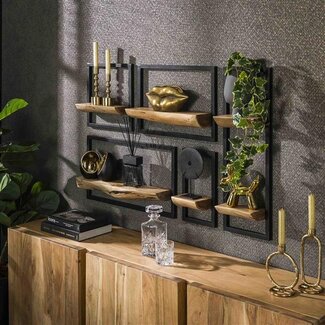 PS-Collection Wandschap Acaciahout Metaal Edge Frame Set Van 5
