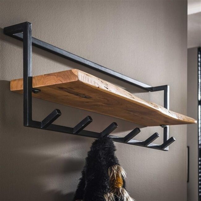 PS-Collection Edge Shelve 6 Haken Kapstok - 100x25x32cm - Naturel - Acacia/Metaal